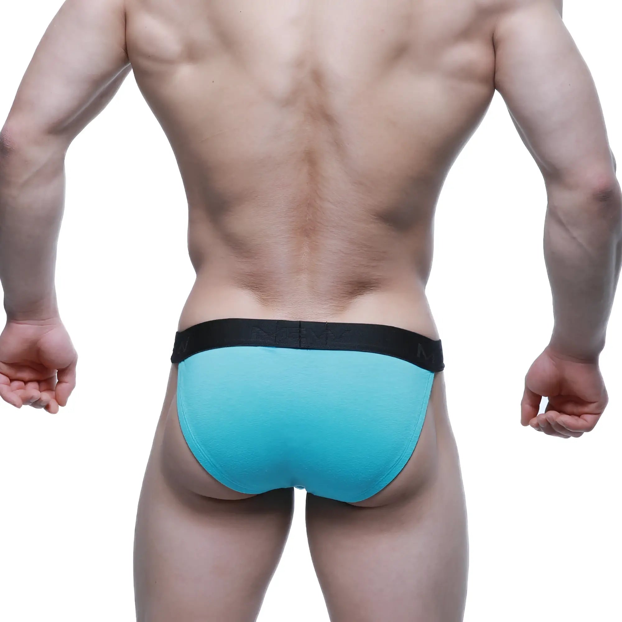 Turquoise athletic briefs with black elastic waistband and metro male wear logo from the metro male wear asian bikini neo blue line