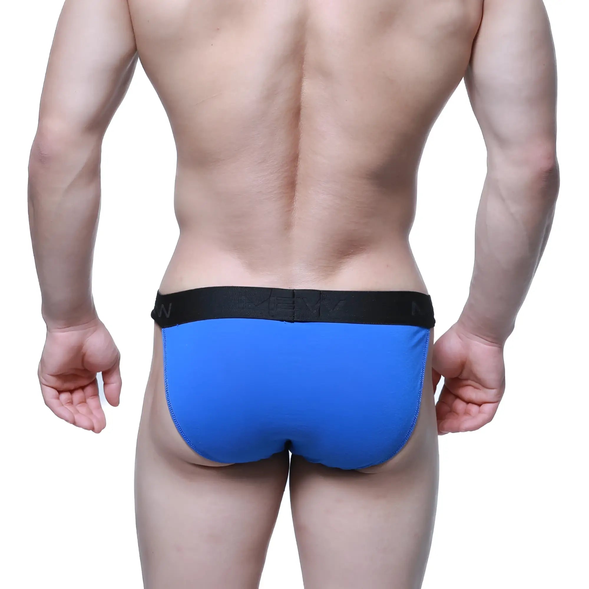 Blue men’s briefs with black elastic waistband and metro malewear logo in asian bikini royal 3004-18 style