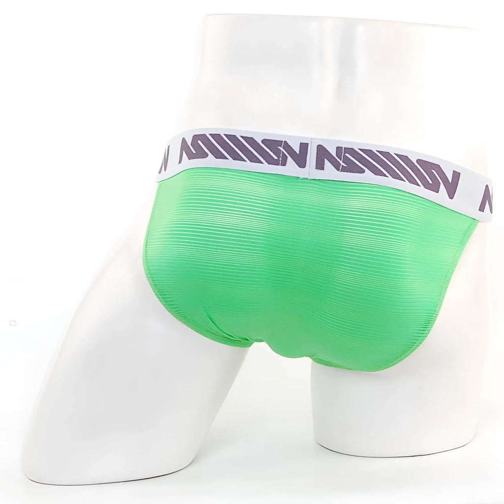 Bright green ribbed mesh briefs with white waistband and purple nation lettering from MetroMaleWear Asian bikini collection
