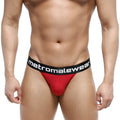 Red metromalewear asian bikini briefs in terracotta with a black waistband featuring white lettering