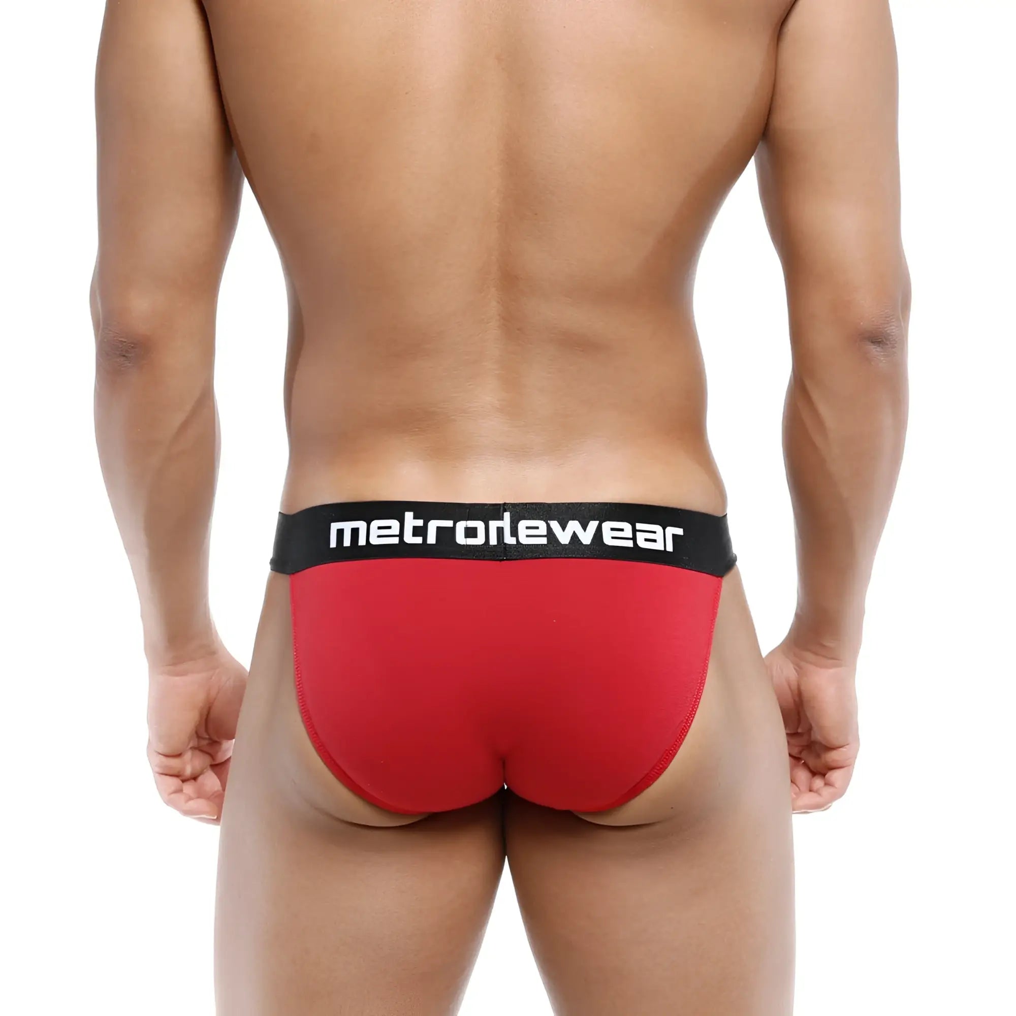 Red metrowear briefs with black waistband and white lettering from metromalewear asian bikini terracotta 3004-29