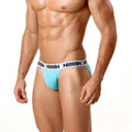 Light blue MetroMaleWear Asian bikini briefs with white waistband featuring black repeating lettering 3004-08