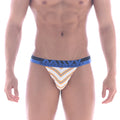 White orange and navy blue chevron-patterned briefs with branded elastic waistband from MetroMaleWear Asian bikini Valencia 3004-79