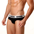 Black men’s briefs metro male wear with white elastic waistband and bold black miiow branding in black 3006-20