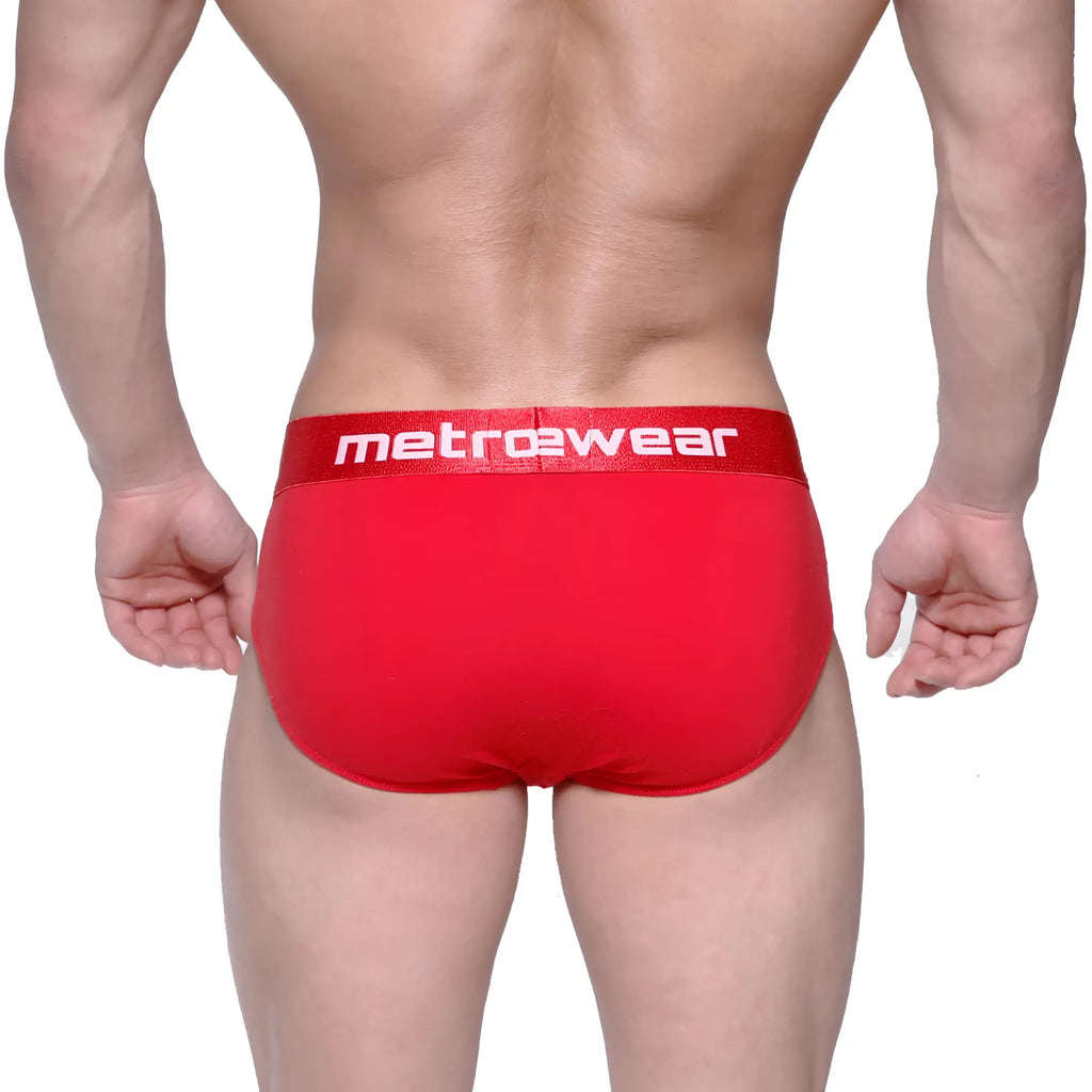 Red metrowear briefs with a white logo waistband designed for comfortable daily wear by metro malewear