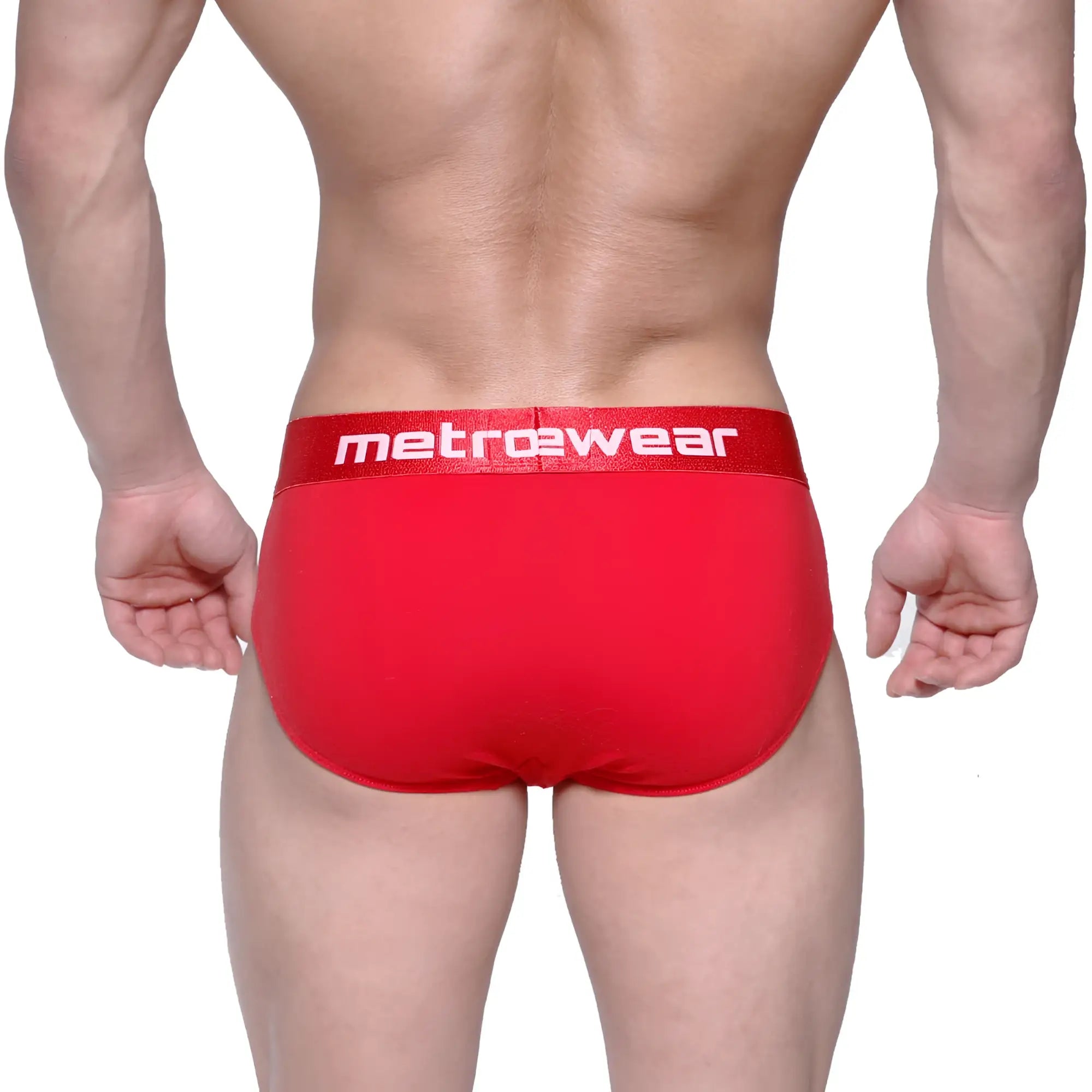 Red metrowear briefs with a white logo waistband designed for comfortable daily wear by metro malewear