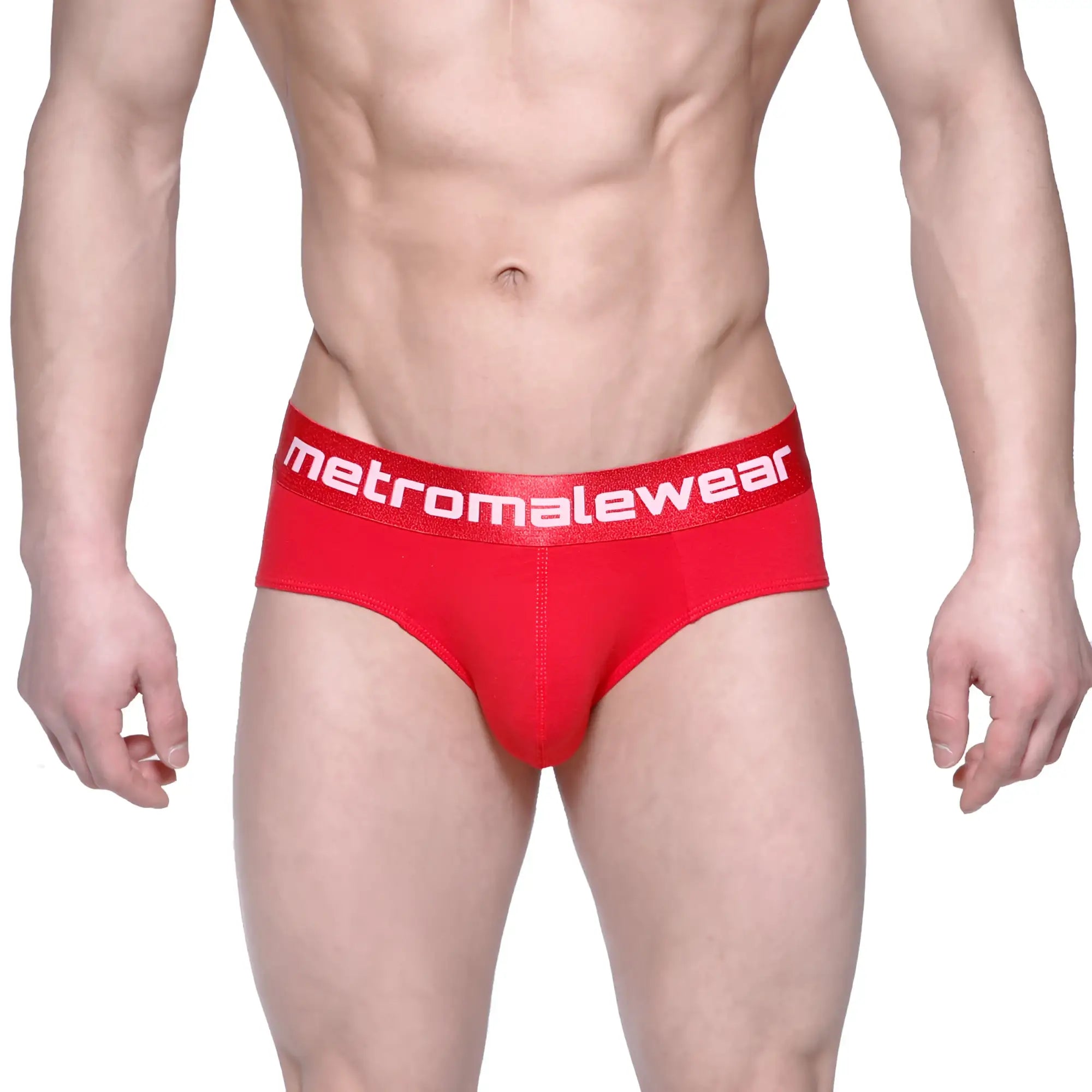 Red MetroMaleWear Asian briefs with a white logo waistband designed for comfortable everyday wear