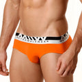 Bright orange metro malewear asian brief with white and black elastic waistband and metromalewear logo