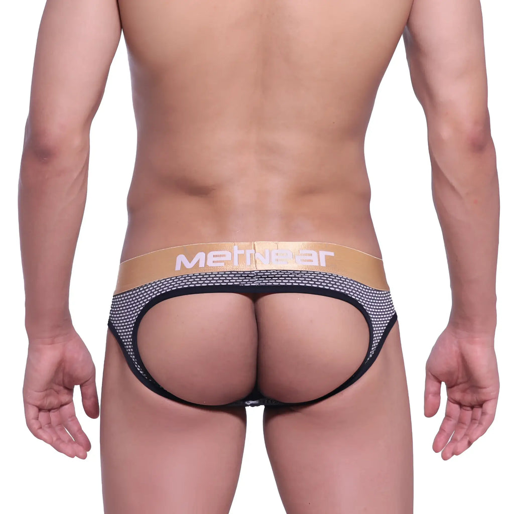 Black and gold mesh briefs with bold metnear logo on waistband from metromalewear asian jock honeycomb coffee collection