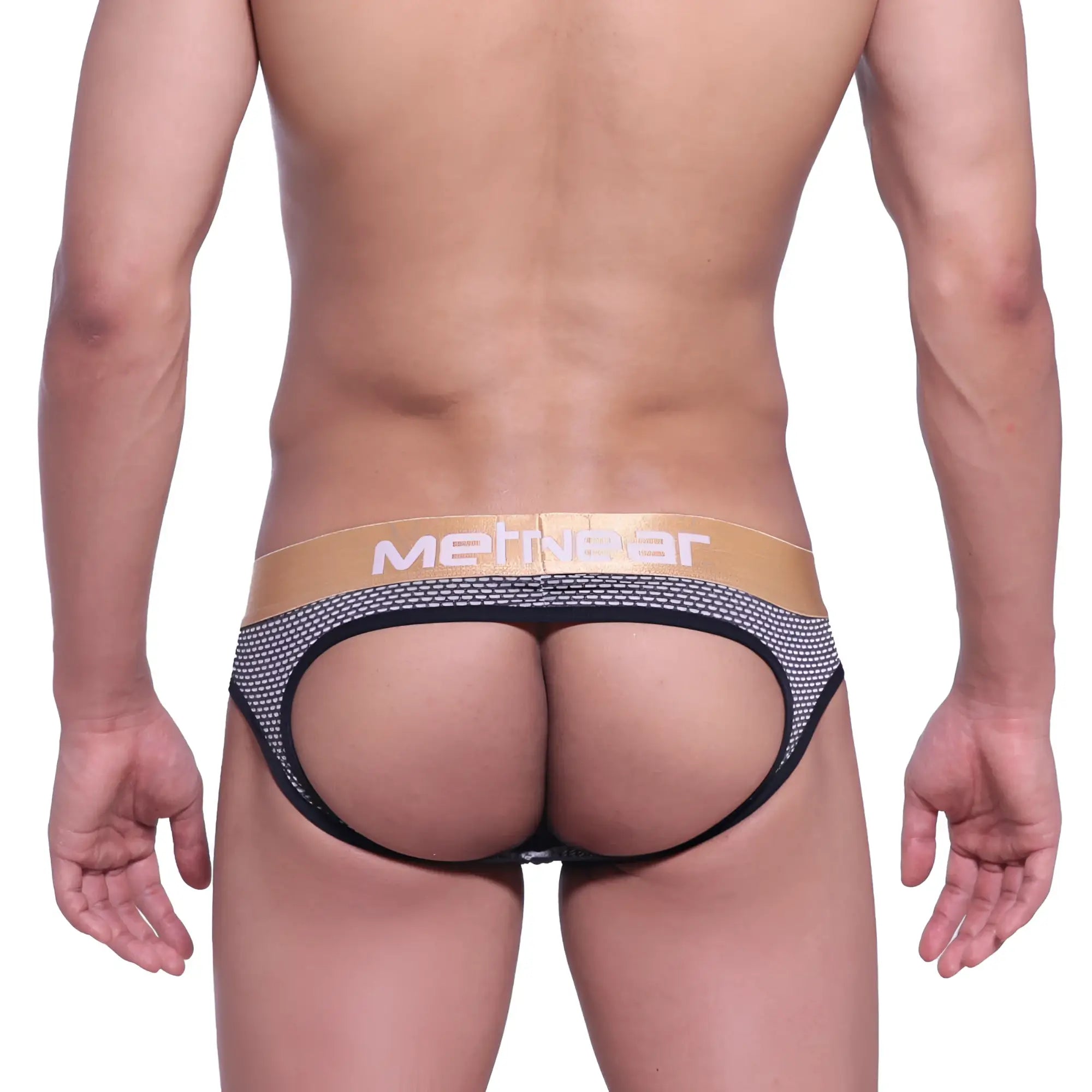 Black and gold mesh briefs with bold metnear logo on waistband from metromalewear asian jock honeycomb coffee collection