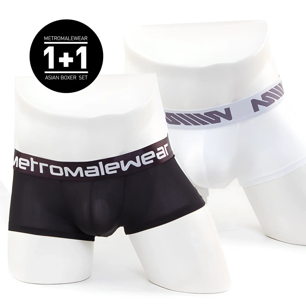 Black and white metroMaleWear asian short boxer set displayed on mannequins showing front view in breathable fabric