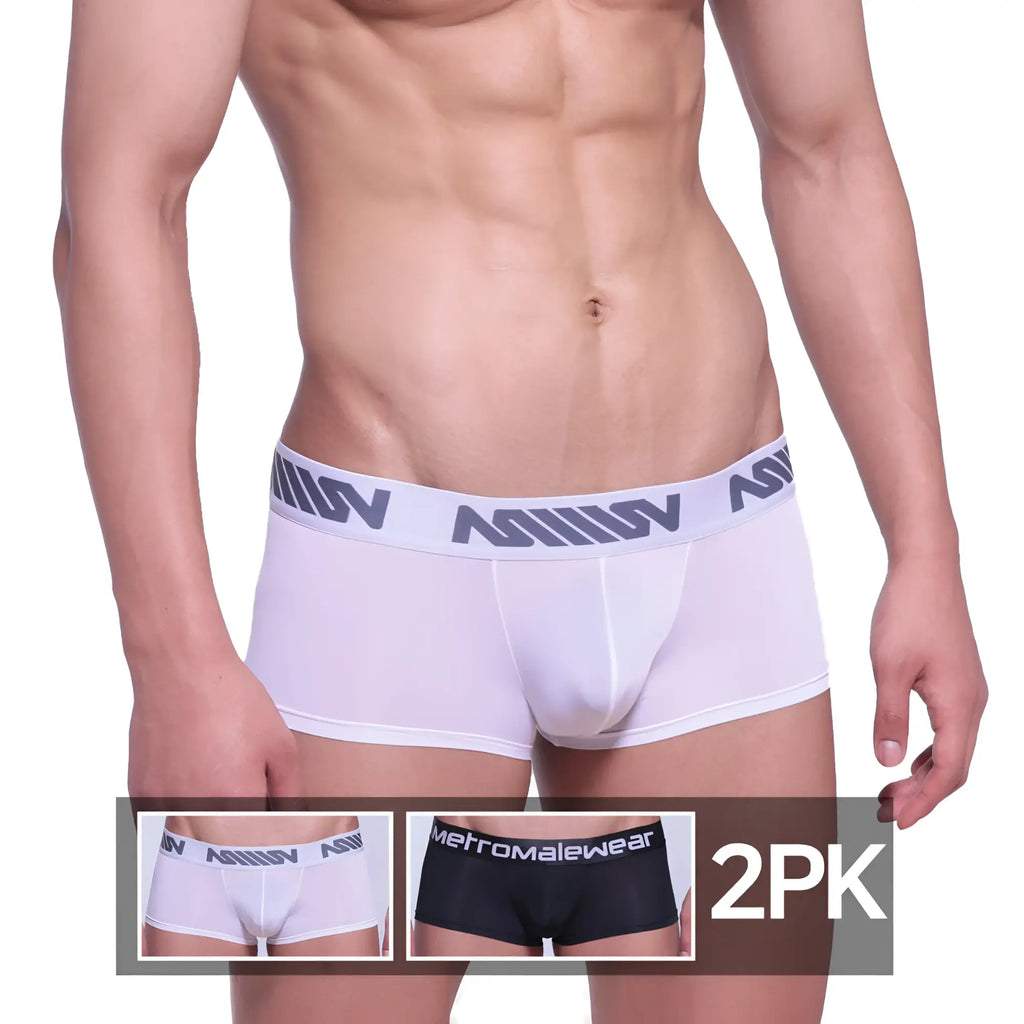 White men’s briefs with a gray logo band featuring metromalewear branding from the metroMalewear asian short boxer 2PK 2026-2PK