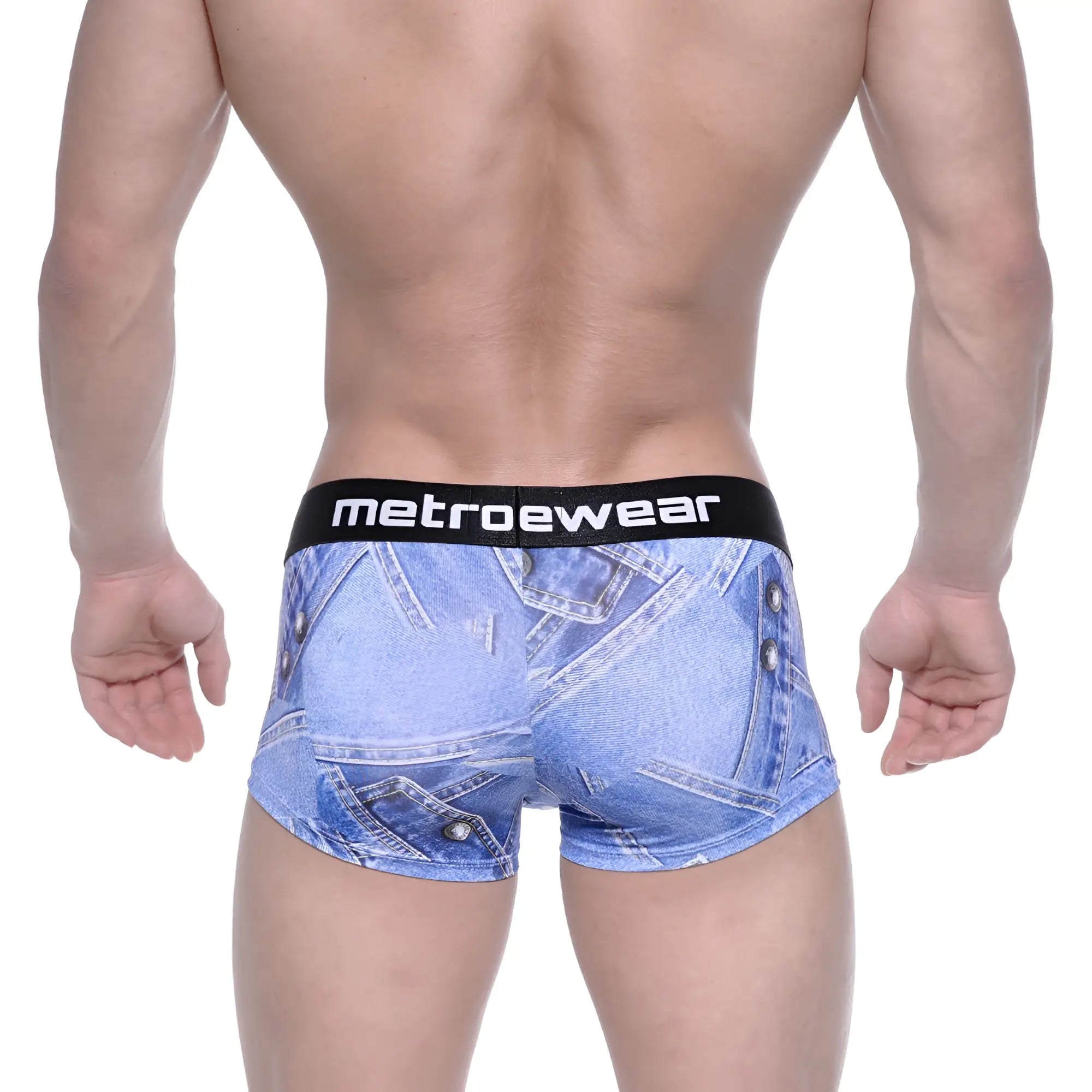Blue denim patterned men’s briefs with a black metroewear logo waistband metro male wear asian short boxer denim blue 2026 56