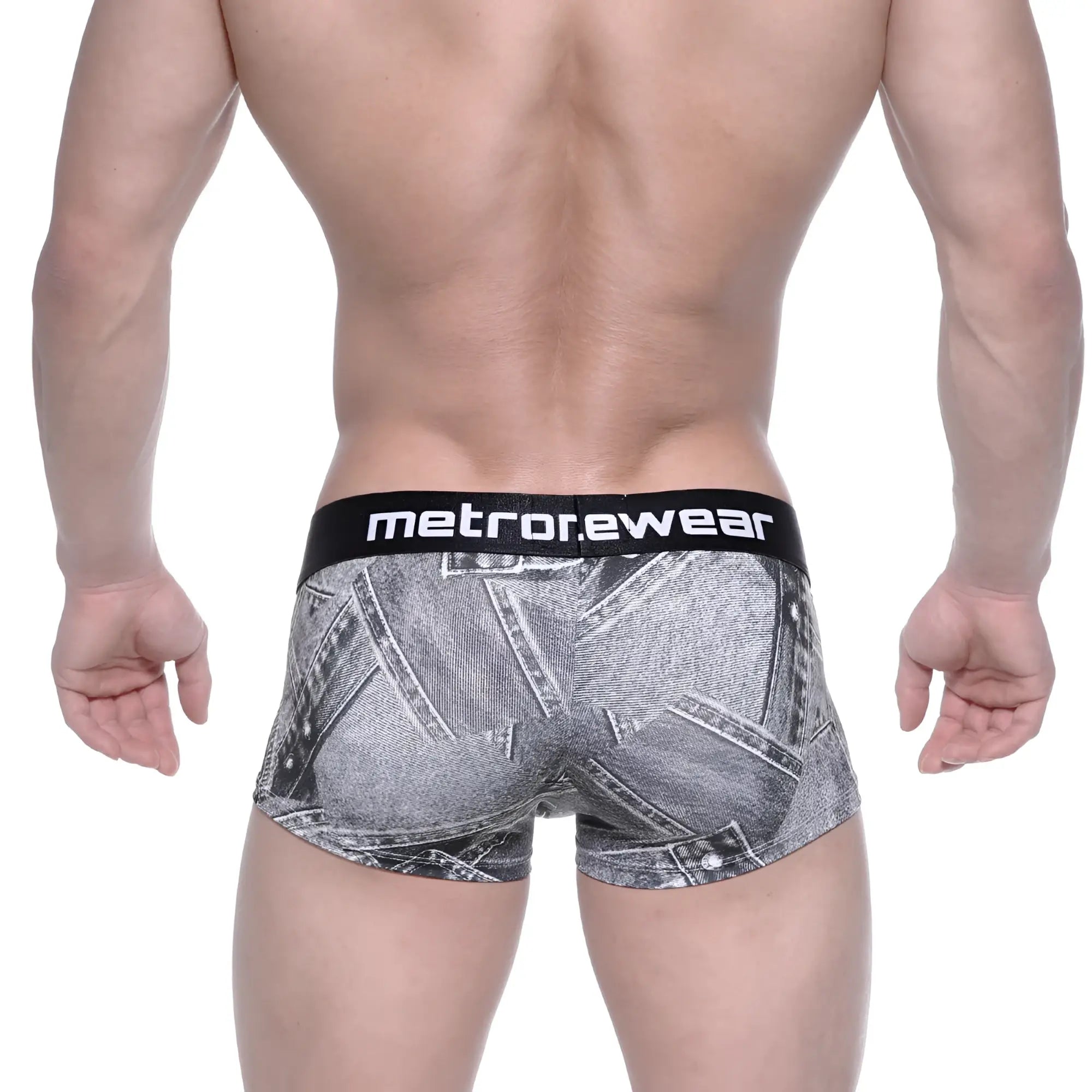 Black and gray denim-patterned boxer briefs with black waistband featuring metrorewear logo from MetroMaleWear Asian Short Boxer Denim Gray 2026-55