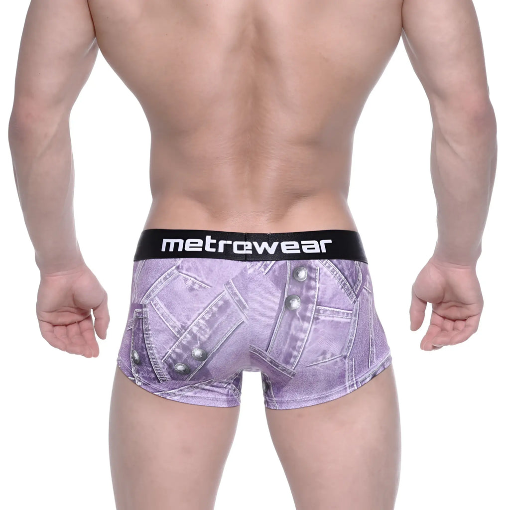 Purple denim-patterned boxer briefs with a black metrewear waistband metro malewear asian short boxer denim purple 2026-48
