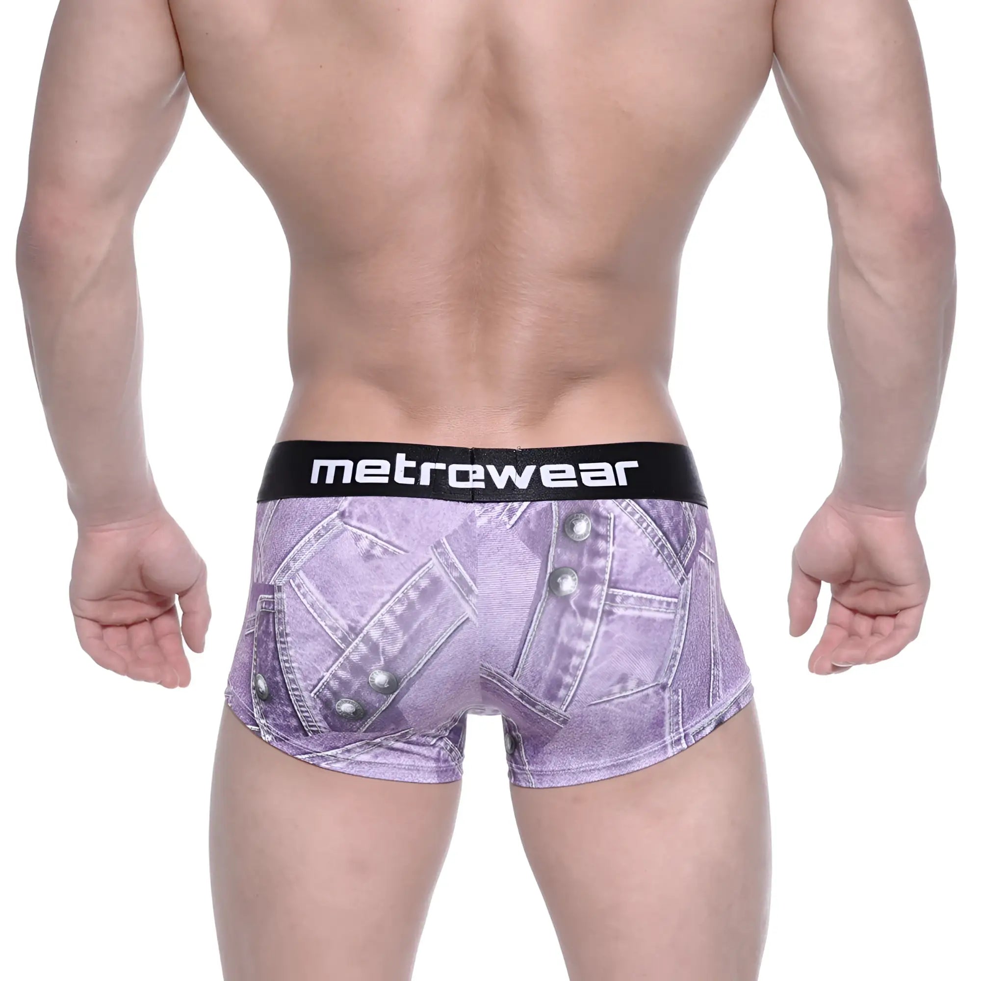 Purple denim-patterned boxer briefs with a black metrewear waistband metro malewear asian short boxer denim purple 2026-48