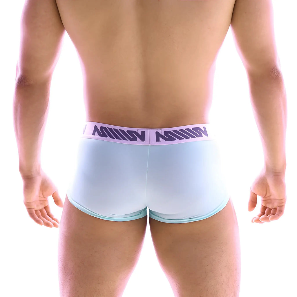 Light blue men’s briefs with purple logo waistband from MetroMaleWear Asian Short Boxer Green 2026-07 collection