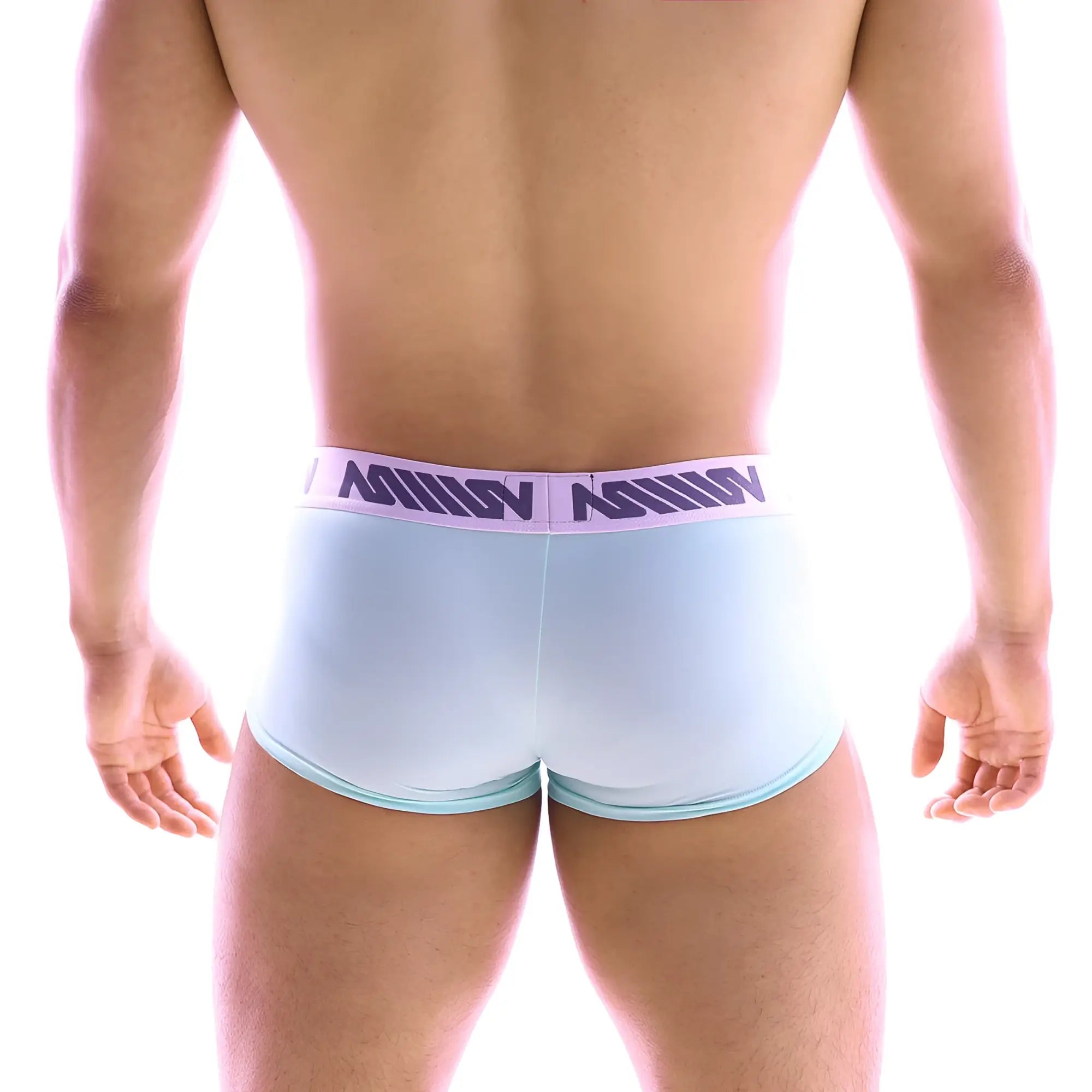 Light blue men’s briefs with purple logo waistband from MetroMaleWear Asian Short Boxer Green 2026-07 collection