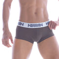 Dark gray men’s briefs with white elastic waistband featuring dark blue m logo metro male wear asian short boxer khaki 2026-26