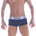 Navy blue MetroMaleWear Asian short boxer briefs with white elastic waistband featuring gray logo pattern