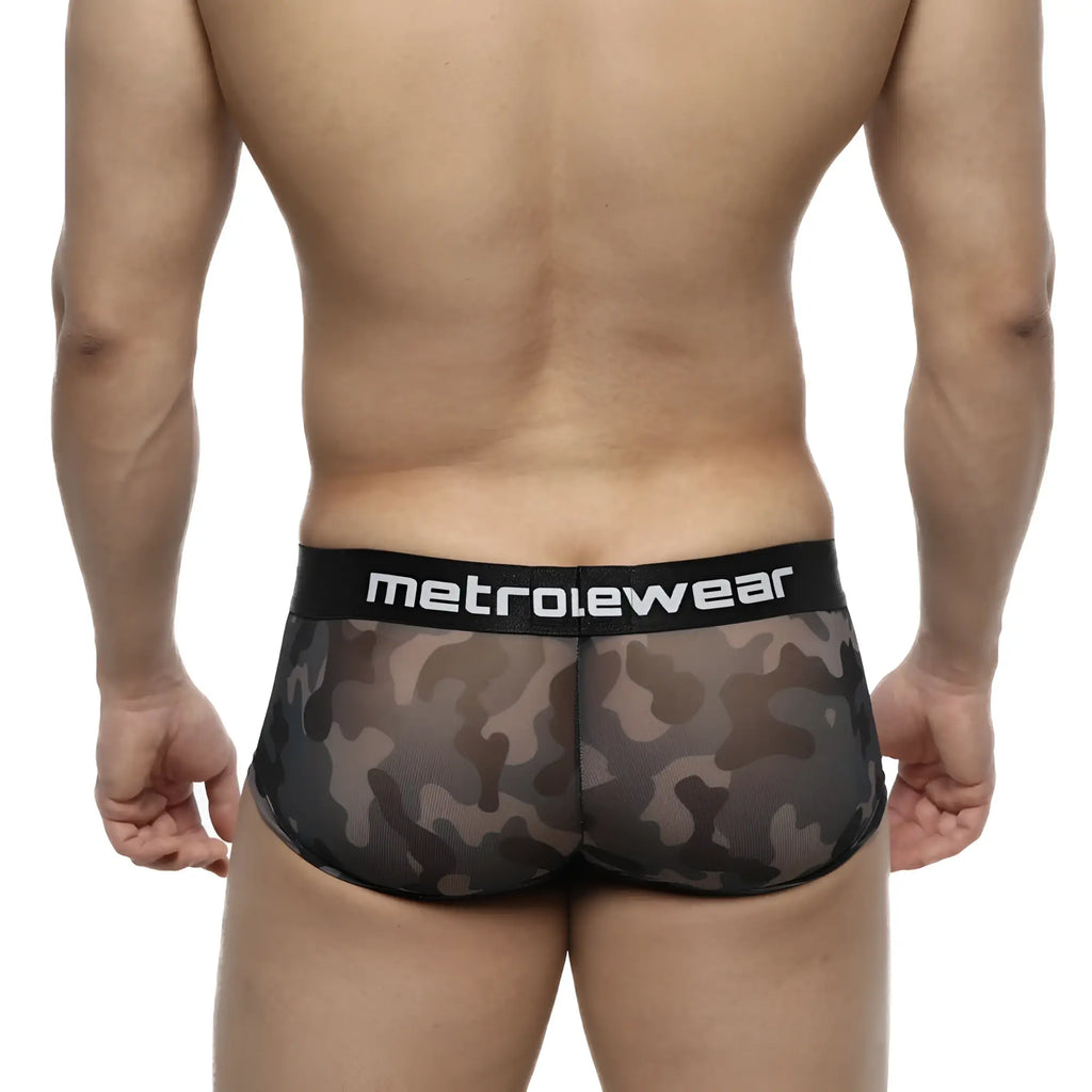 Black and gray camouflage mesh briefs with black metrowear waistband from MetroMaleWear Asian Trunk Camo 2026-93