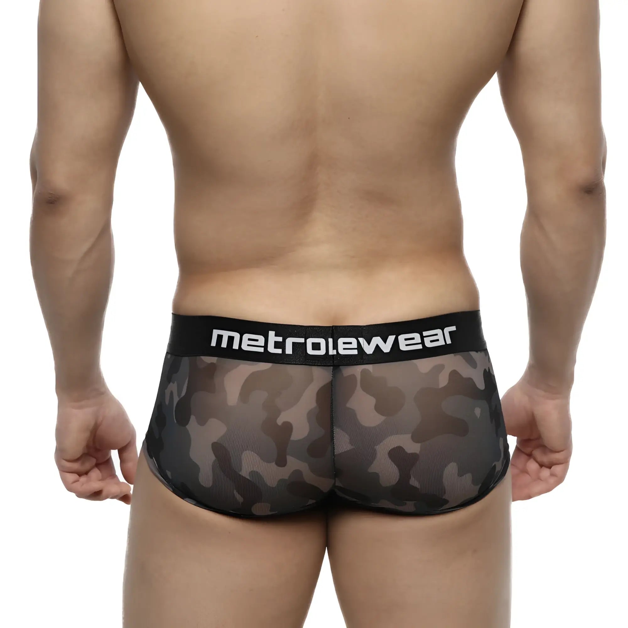 Black and gray camouflage mesh briefs with black metrowear waistband from MetroMaleWear Asian Trunk Camo 2026-93
