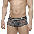 Black and gray camouflage mesh briefs with black waistband featuring metromalewear logo from MetroMaleWear Asian Trunk Camo 2026-93