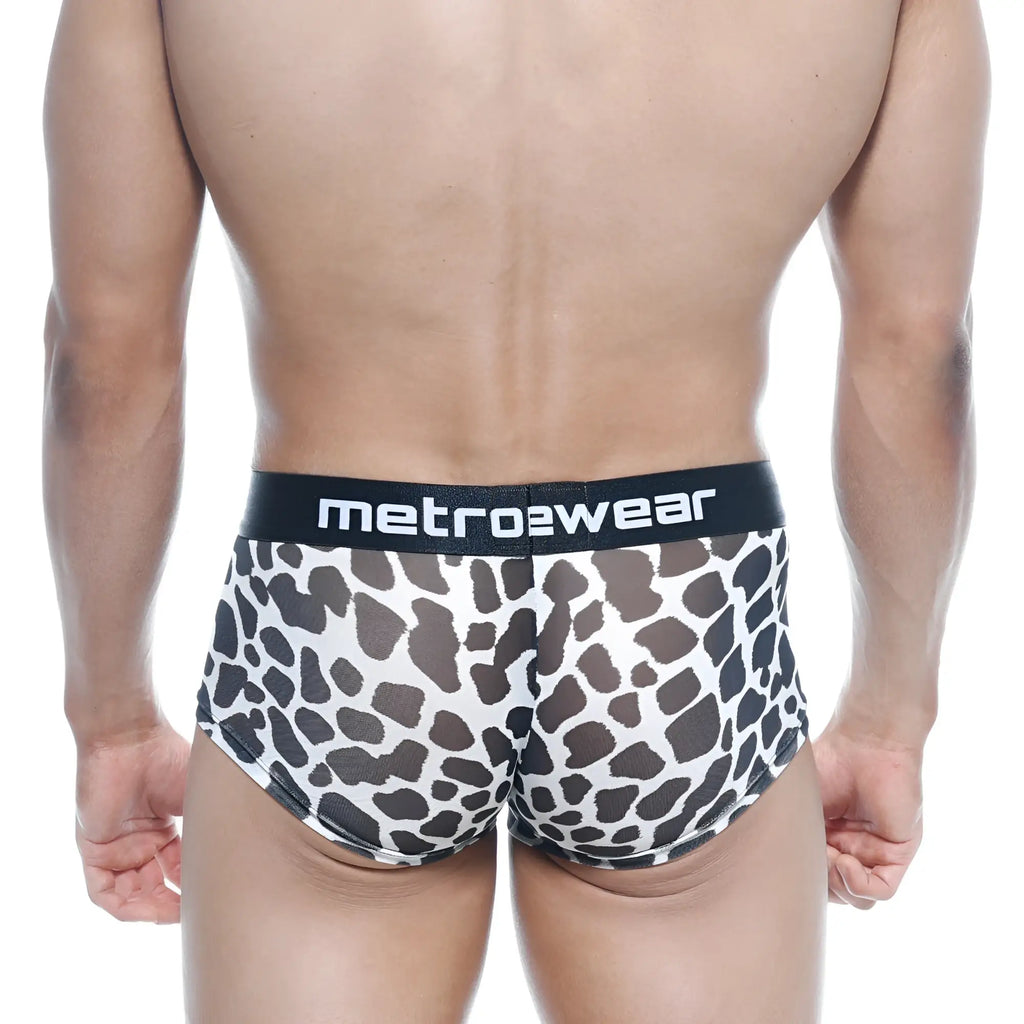 MetroMaleWear Asian Trunk Dalmatian 2026-77 black and white leopard print briefs with black waistband and metro2wear logo