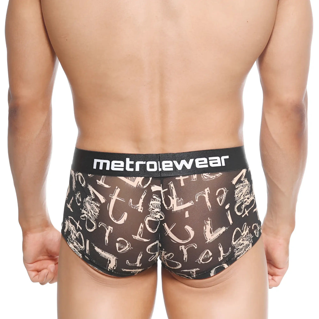 Black mesh briefs with white graffiti lettering and black waistband featuring the metroewear logo metroMalewear asian trunk