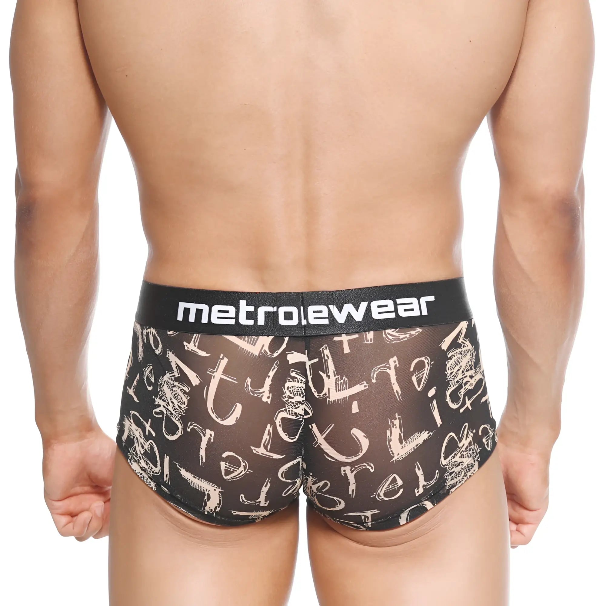 Black mesh briefs with white graffiti lettering and black waistband featuring the metroewear logo metroMalewear asian trunk
