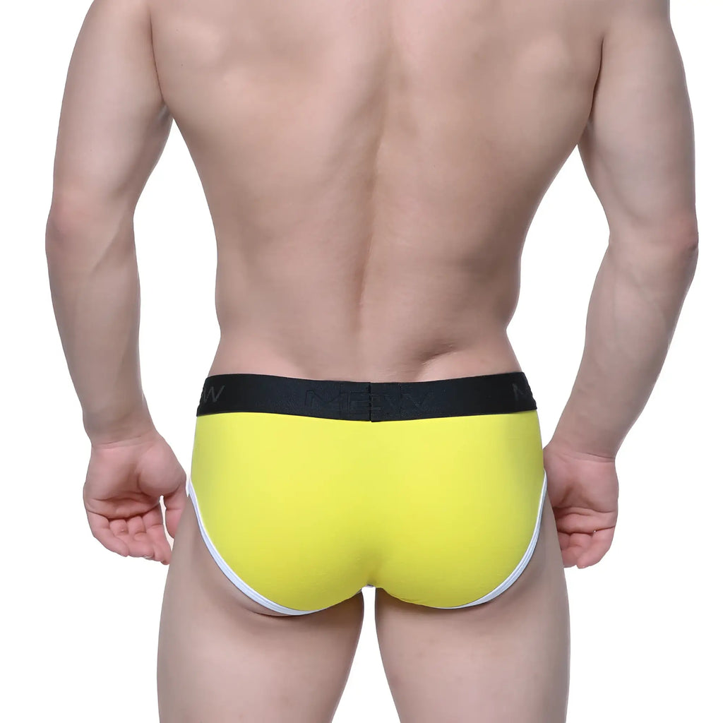 Bright yellow MetroMaleWear Astros brief with black waistband featuring brand name and white trim on leg openings