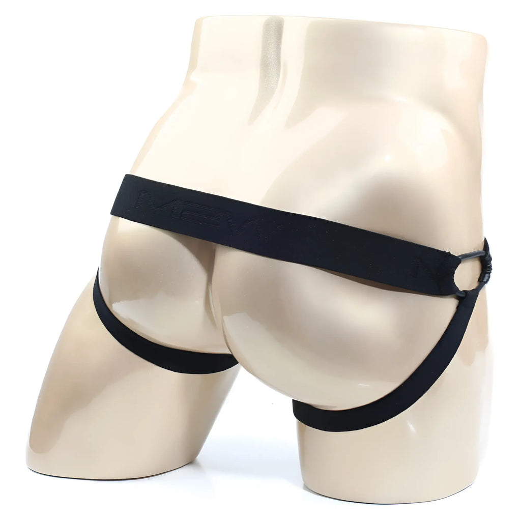 Black elastic briefs with wide waistband and side straps on mannequin metroMalewear asunto jock strap 1007-20