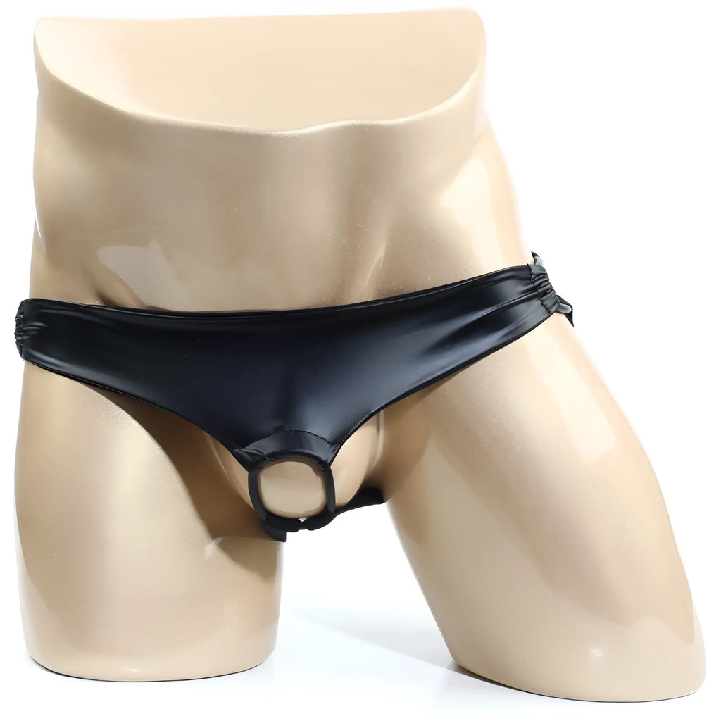 MetroMaleWear asunto jock strap black patent leather thong with central ring for men