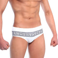 White briefs with a bold black Greek key waistband from MetroMaleWear Athen swim brief black 4914-44 collection