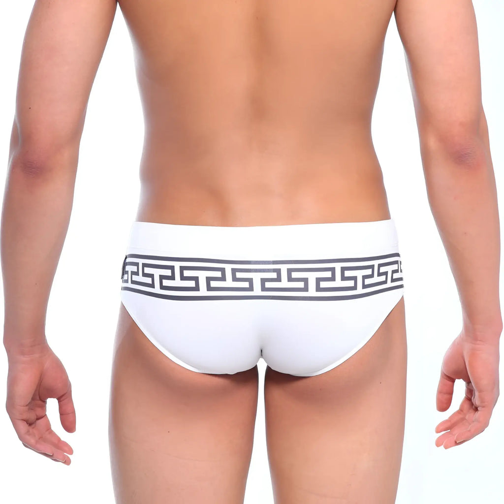 White swim trunks with bold black Greek key pattern waistband from MetroMaleWear Athen Swim Brief Black 4914-44