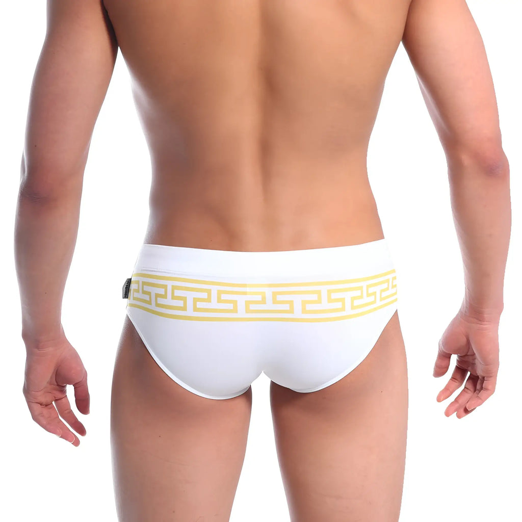 White swim trunks with bold yellow Greek key pattern waistband from MetroMaleWear Athen swim brief gold 4914-45