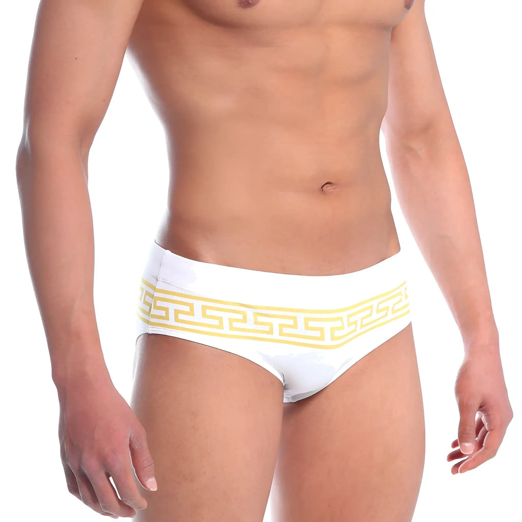 MetroMaleWear Athen swim brief gold 4914-45 white swim trunks with yellow Greek key pattern waistband front view