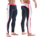 Black and white metroMalewear athletic leggings with red trim and ashny waistband featuring a snug fit