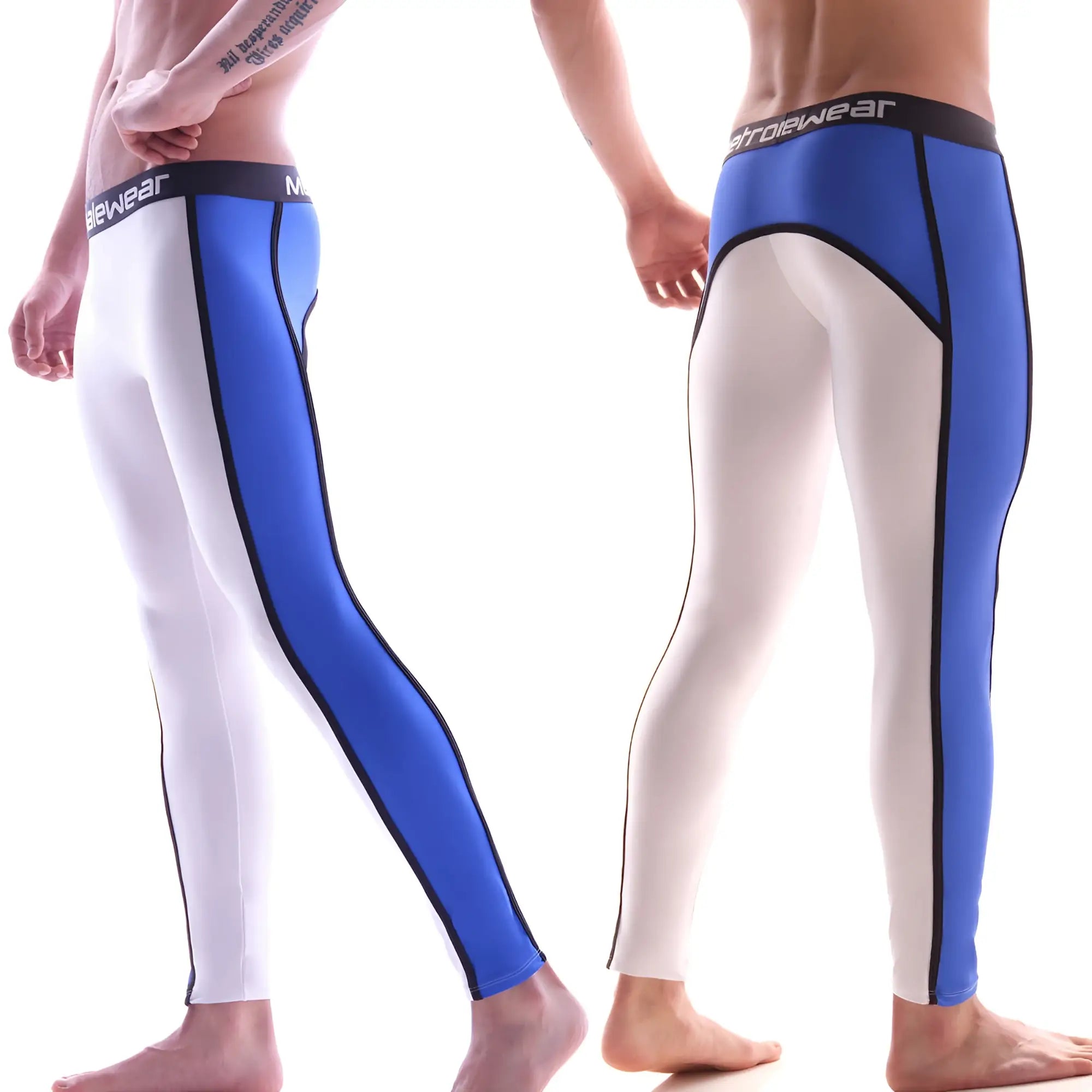 MetroMaleWear athletic pants white 2053-00 blue and white leggings with black trim and menwear logo waistband
