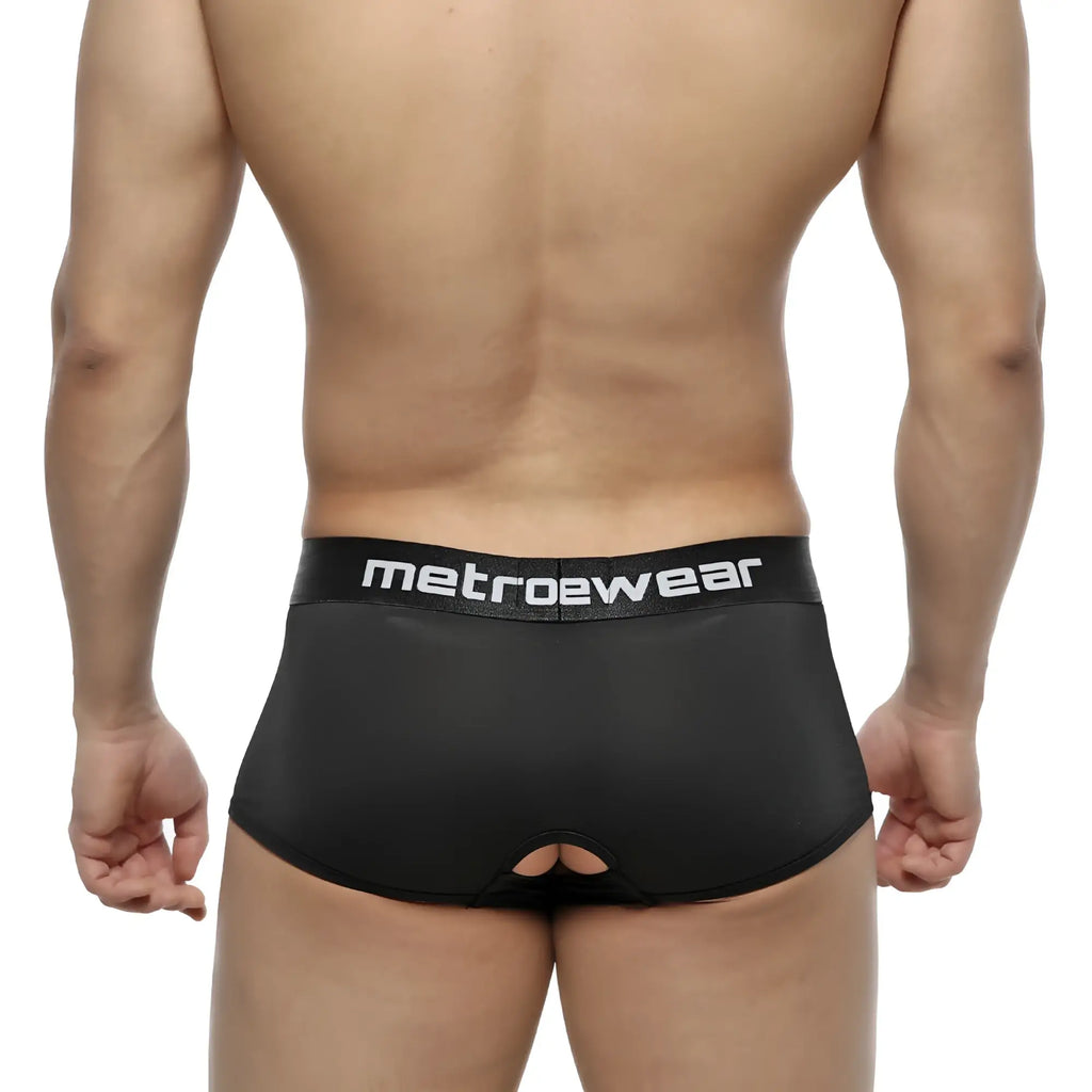 Black metrowear mens briefs with white logo band and back cutout metro malewear atope trunk black 7023-20