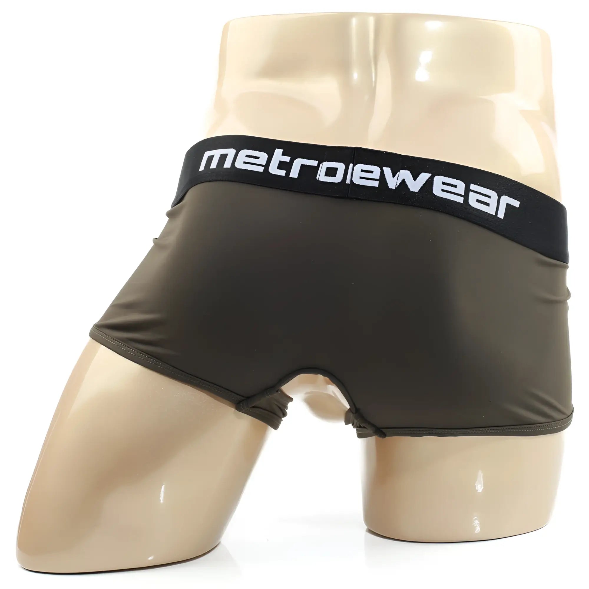 Dark olive green MetroMaleWear Atope trunk boxer briefs with black waistband and white lettering in metrowear style