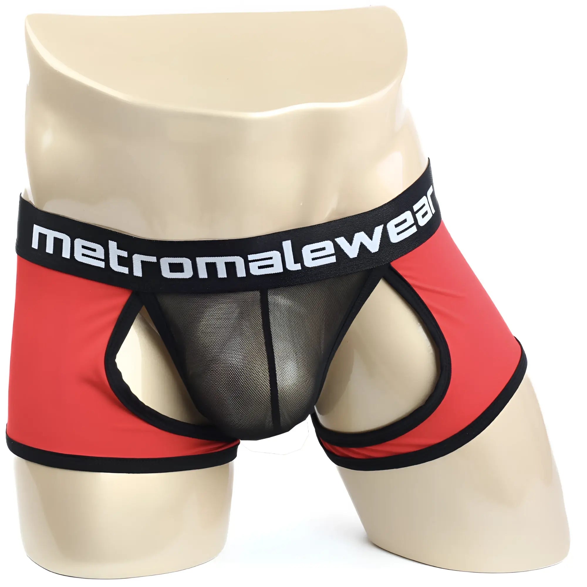 Red and black mesh briefs with metromalewear waistband metroMalewear Atope Trunk Red 7023-12 front view