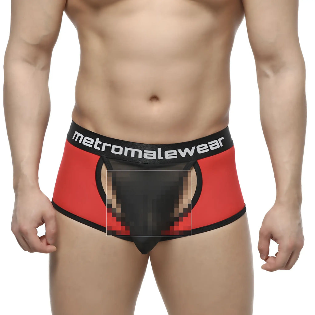 Red and black metromalewear ato peat trunk briefs with sheer mesh panel showcasing front design