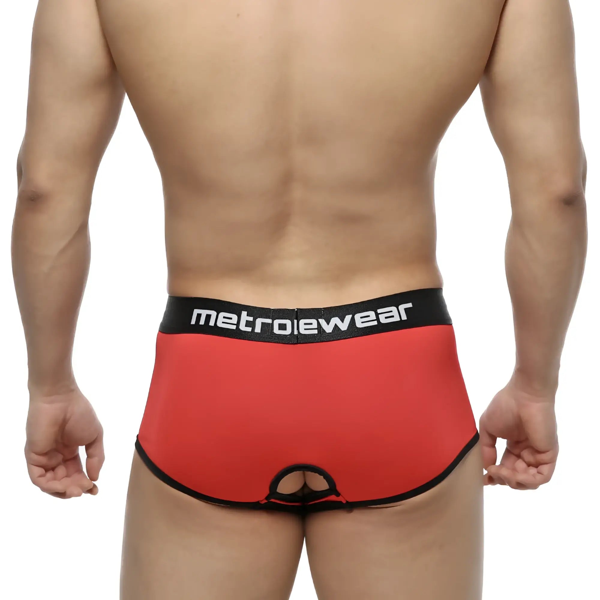 Red metrowear atopec trunk briefs with black trim and central cutout for stylish comfortable menswear