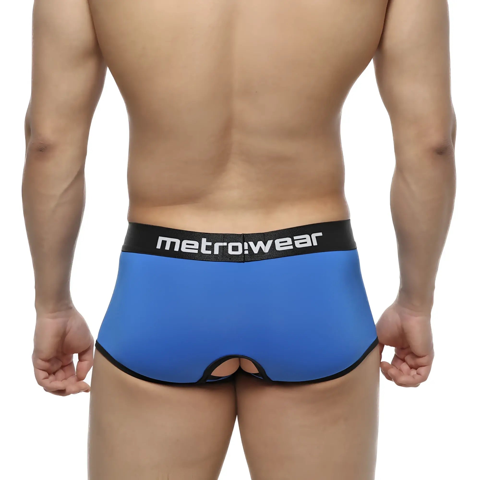 Blue metrowear men’s briefs with black trim and a central cutout from metromalewear atope trunk royal 7023-18