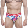 MetroMaleWear Atractivo hip brief in vibrant pink blue and yellow with red waistband featuring metromalewear branding