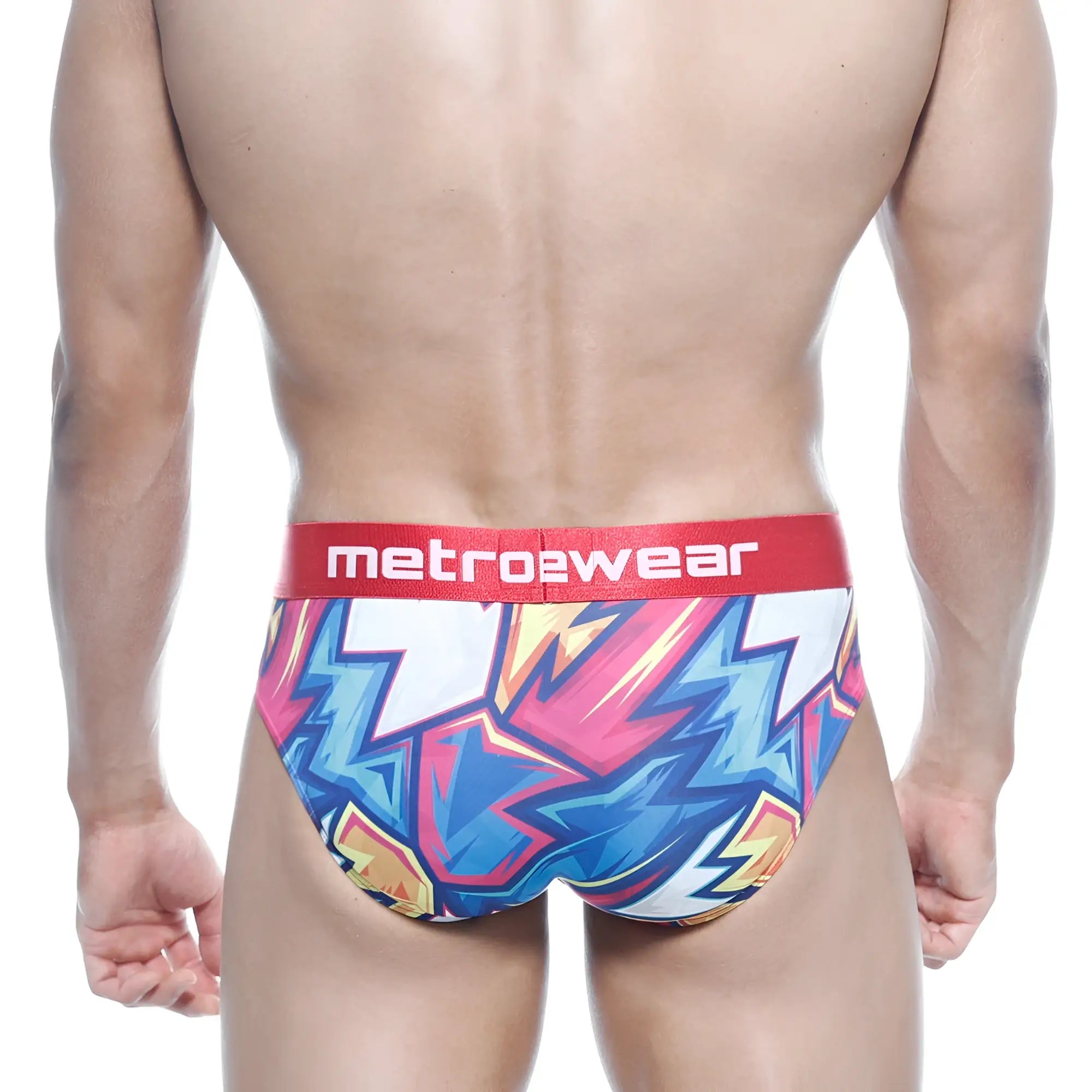 Metro malewear atractivo hip brief 5003-33 with vibrant pink blue yellow lightning bolt pattern and red metro2wear waistband