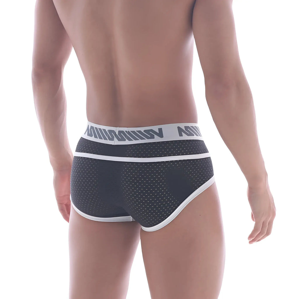 Metro male wear atrevido brief black mesh briefs with white trim and gray logo band front view