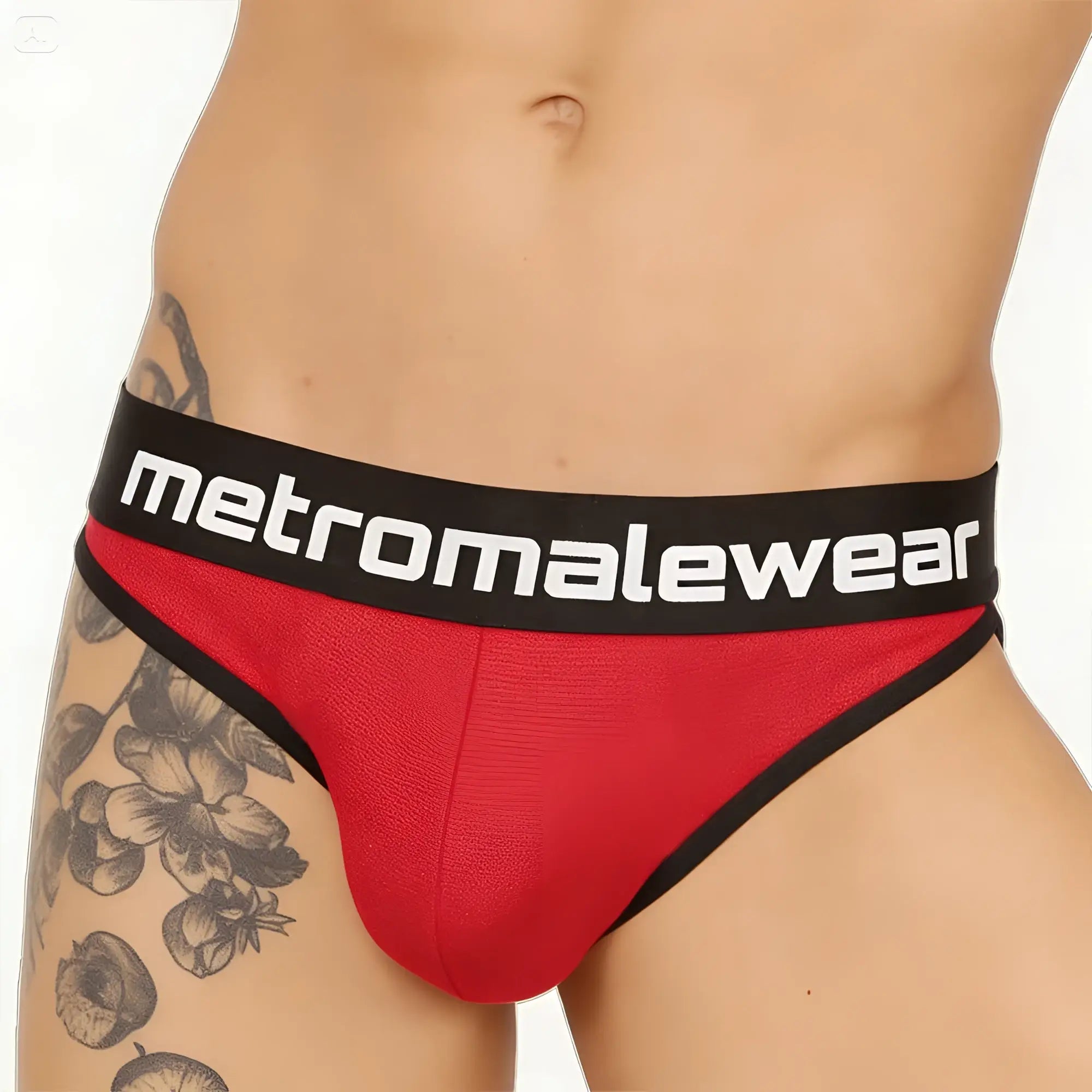 Red and black metromalewear audace bikini briefs with textured fabric finish for stylish men’s underwear