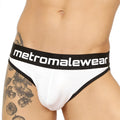 White and black metroMaleWear briefs with bold contrasting waistband featuring brand name in white lettering